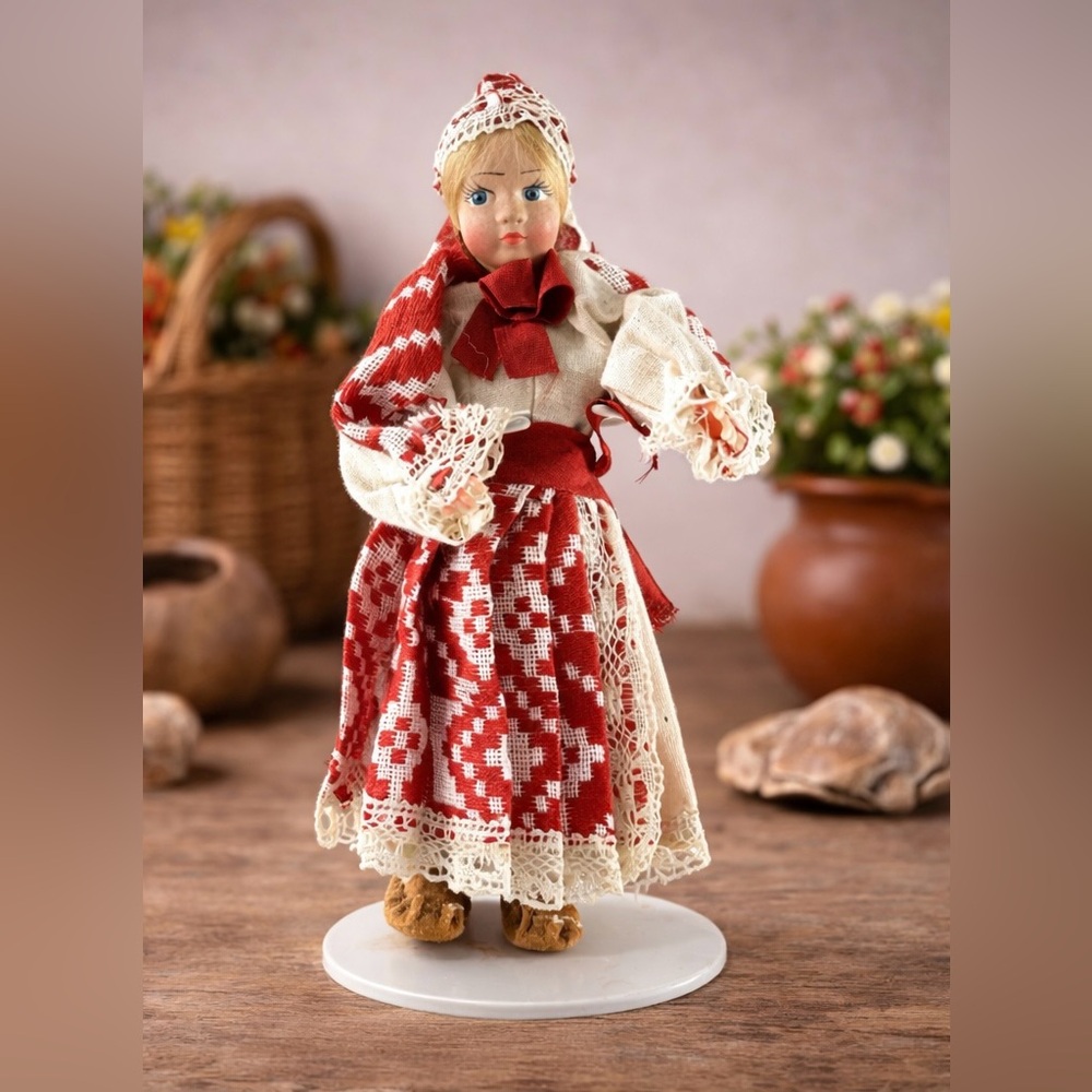Vintage 7” European Folk Doll Red White Costume Lace Bonnet w/ Stand